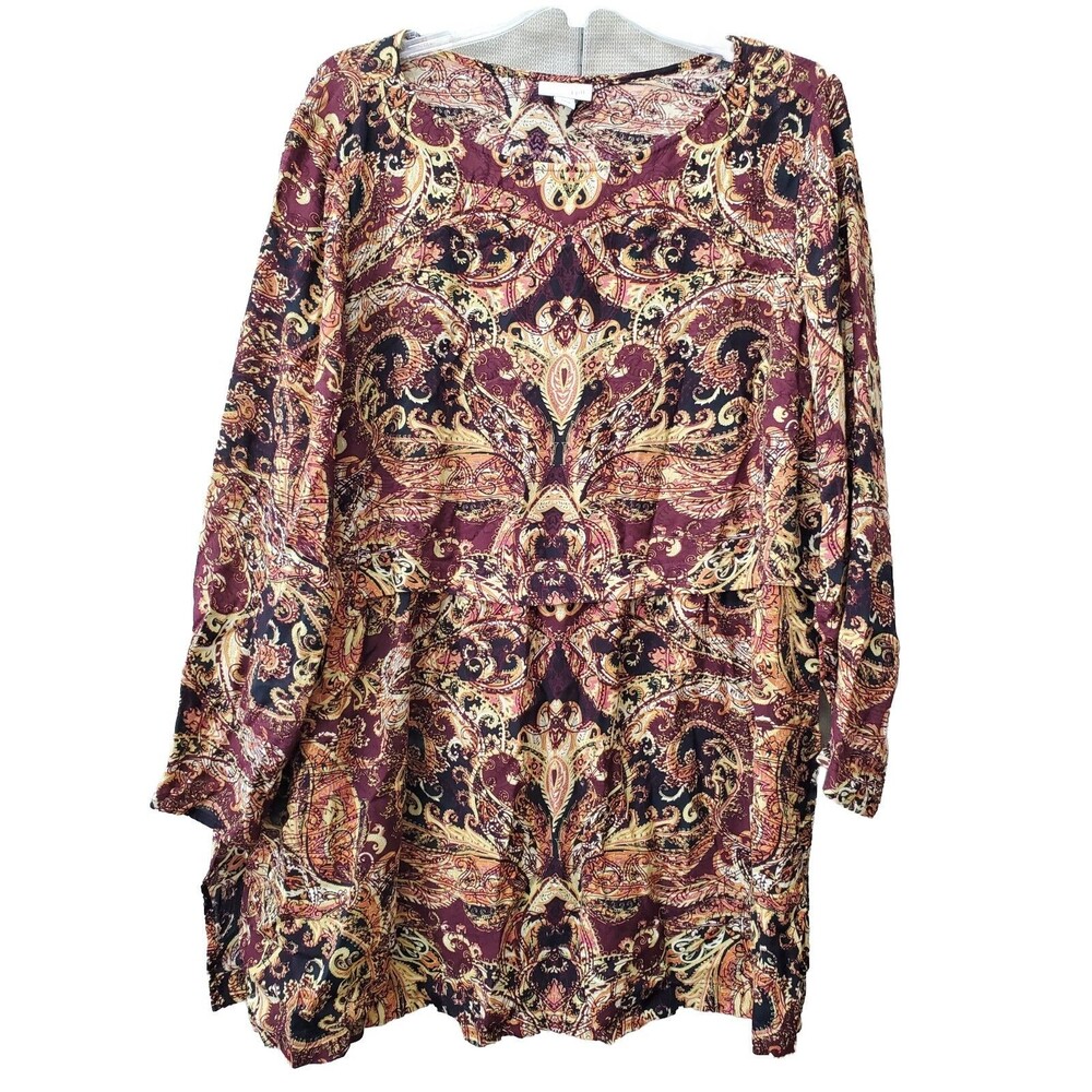 J Jill Tapestry Paisley Print Layered 3/4 Sleeve Boat Neck Side Vent Tunic Sz LP